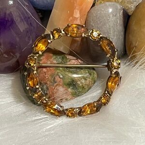Vintage Faux Citrine Topaz Small Rhinestone Circle Brooch
